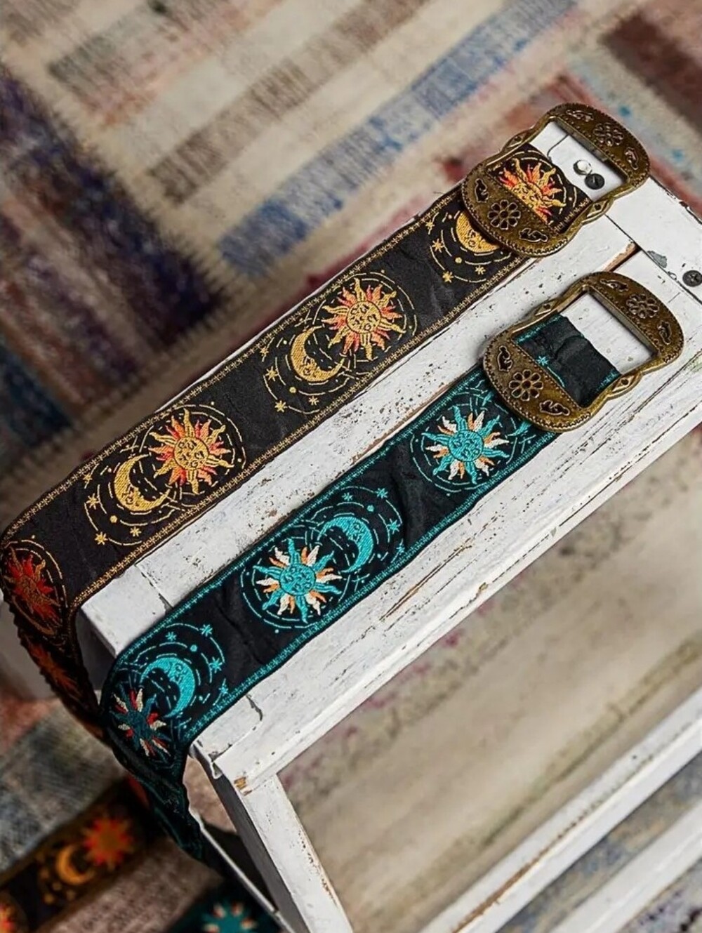 Embroidered Sun & Moon Guitar Straps - Black and Gold Accents